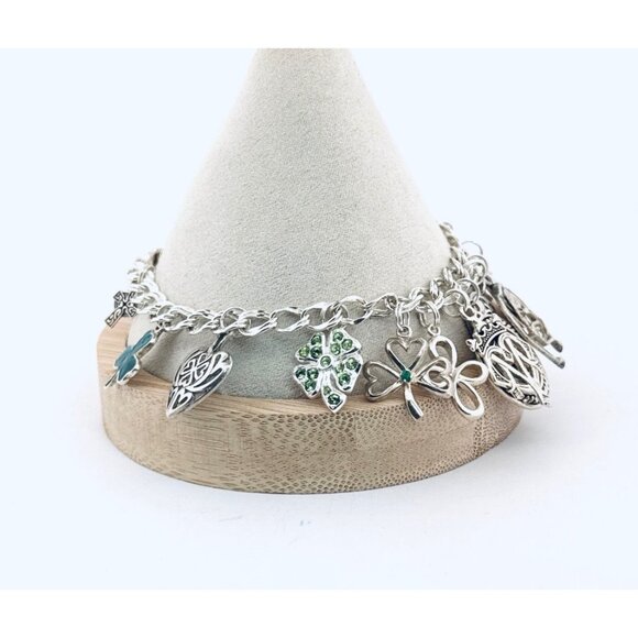 Estate Lucky Charm Bracelet 8.25” 925 Sterling Silver Irish Heart Clover Charms - Picture 3 of 8